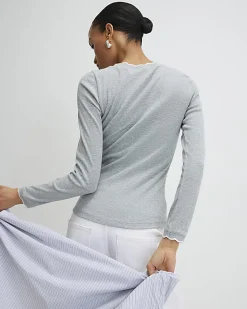 Grey Long Sleeve Scallop Trim Top