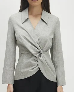 Grey Long Sleeve Twisted Collared Top