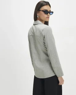 Grey Long Sleeve Twisted Collared Top