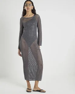 Grey Lurex Long Sleeve Maxi Beach Dress
