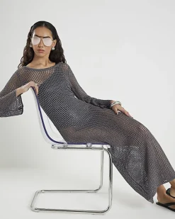 Grey Lurex Long Sleeve Maxi Beach Dress