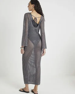 Grey Lurex Long Sleeve Maxi Beach Dress