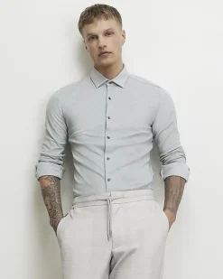 Grey Muscle Fit Pique Long Sleeve Shirt