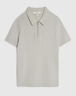 Grey Muscle Fit Ribbed Quarter Zip Polo Shirt