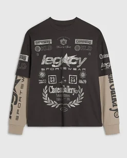 Grey Oversized Double Layered Graphic T-Shirt