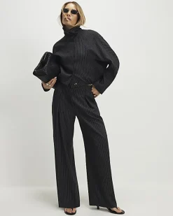 Grey Pinstripe Elastic Wide Leg Trousers