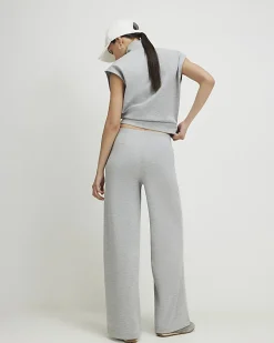 Grey Pintuck Interlock Wide Leg Joggers
