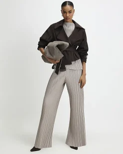 Grey Plisse Wide Leg Trousers