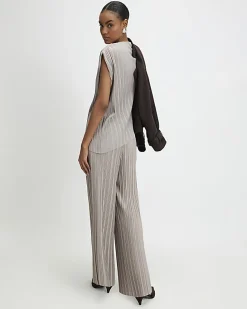 Grey Plisse Wide Leg Trousers