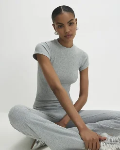 Grey Short Sleeve Fitted Ribbed Top