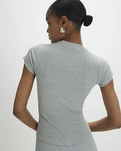 Grey Short Sleeve Fitted Ribbed Top