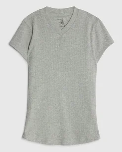 Grey Short Sleeve High V Neck Ribbed Top