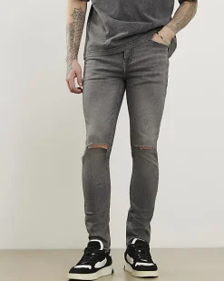 Grey Skinny Fit Ripped Stretch Jeans