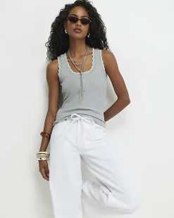 Grey Sleeveless Scallop Trim Tank Top