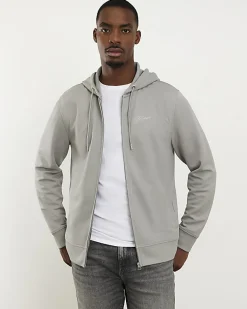 Grey Slim Fit Pique Zip Through Hoodie