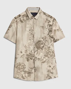 Grey Slim Fit Short Sleeve Floral Shirt