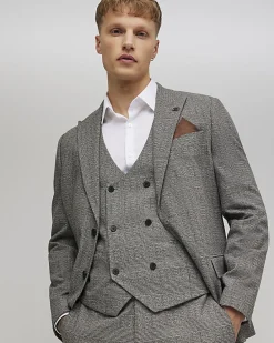 Grey Slim Fit Textured Check Waistcoat