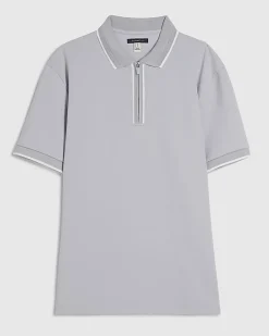 Grey Slim Fit Textured Zip Tipped Polo Shirt