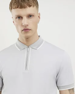 Grey Slim Fit Textured Zip Tipped Polo Shirt
