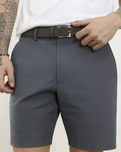 Grey Slim Stretch Chino Short with Belt