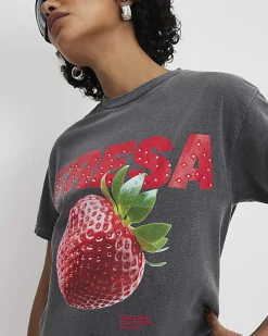 Grey Strawberry Studded Boyfriend Fit T-Shirt