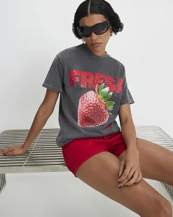 Grey Strawberry Studded Boyfriend Fit T-Shirt