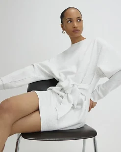 Grey Tie Front Mini Sweatshirt Dress