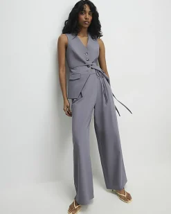 Grey Wrap Detail Wide Leg Trousers