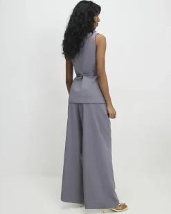 Grey Wrap Detail Wide Leg Trousers