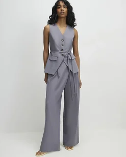 Grey Wrap Detail Wide Leg Trousers