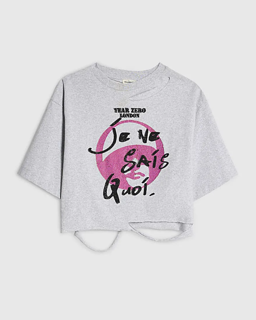 Grey Year Zero Embellished Crop T-Shirt