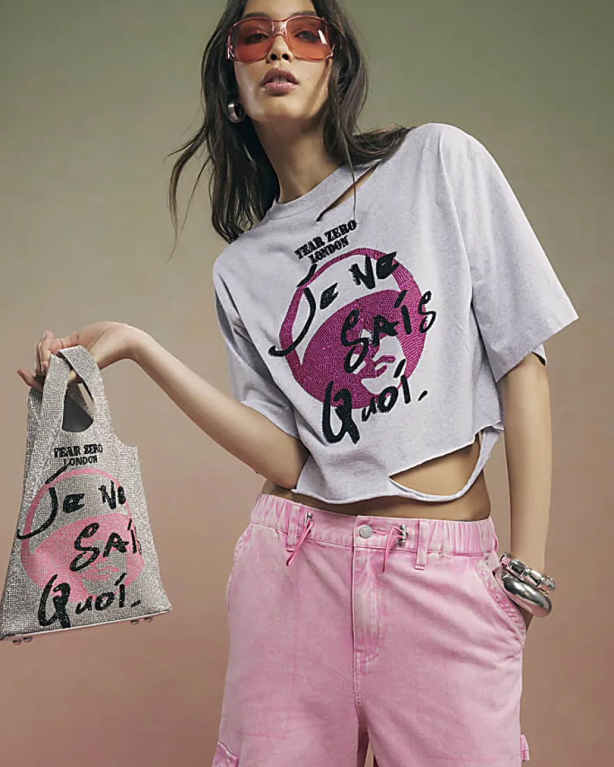 Grey Year Zero Embellished Crop T-Shirt
