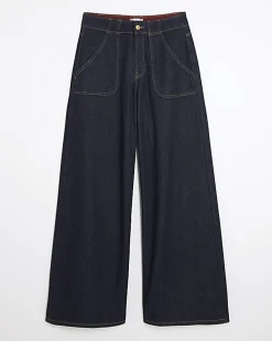 Indigo Mid Rise Tailored Baggy Wide Leg Jeans