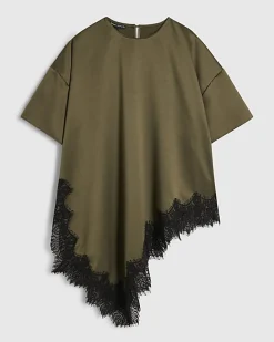 Khaki Asymmetric Lace Satin T-shirt