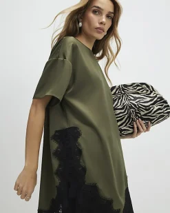 Khaki Asymmetric Lace Satin T-shirt