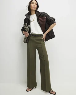 Khaki Belted Straight Leg Trousers
