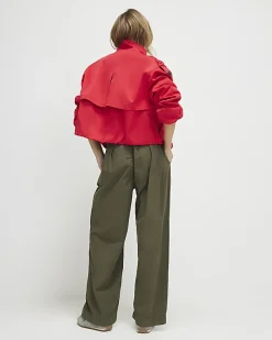Khaki Belted Wide Leg Poplin Trousers