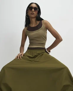 Khaki Bubble Hem Midi Skirt