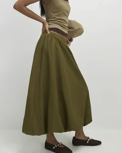 Khaki Bubble Hem Midi Skirt