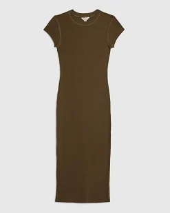 Khaki Cap Sleeve Ribbed Midi Dress