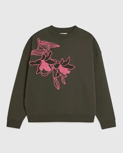 Khaki Contrast Embroidered Floral Sweatshirt