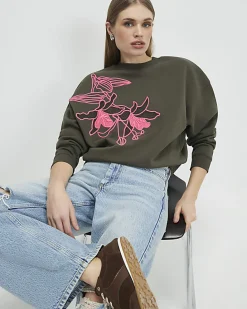 Khaki Contrast Embroidered Floral Sweatshirt