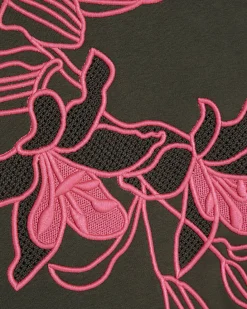 Khaki Contrast Embroidered Floral Sweatshirt
