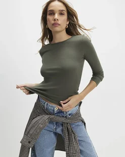 Khaki Cotton rich Long Sleeve Fitted Top