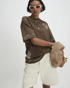 Khaki Crew Neck Embroidered T-Shirt