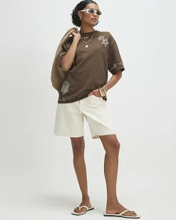 Khaki Crew Neck Embroidered T-Shirt
