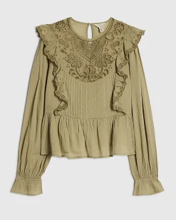 Khaki Cutwork Ruffle Blouse