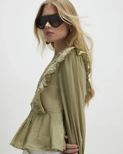 Khaki Cutwork Ruffle Blouse