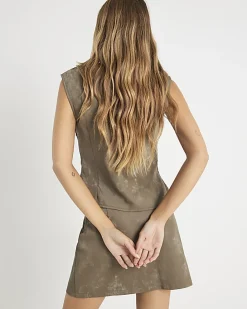 Khaki Faux Leather Hammered Mini Skirt
