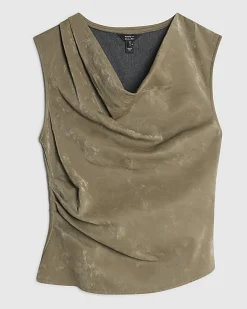 Khaki Faux Leather Hammered Ruched Detail Top